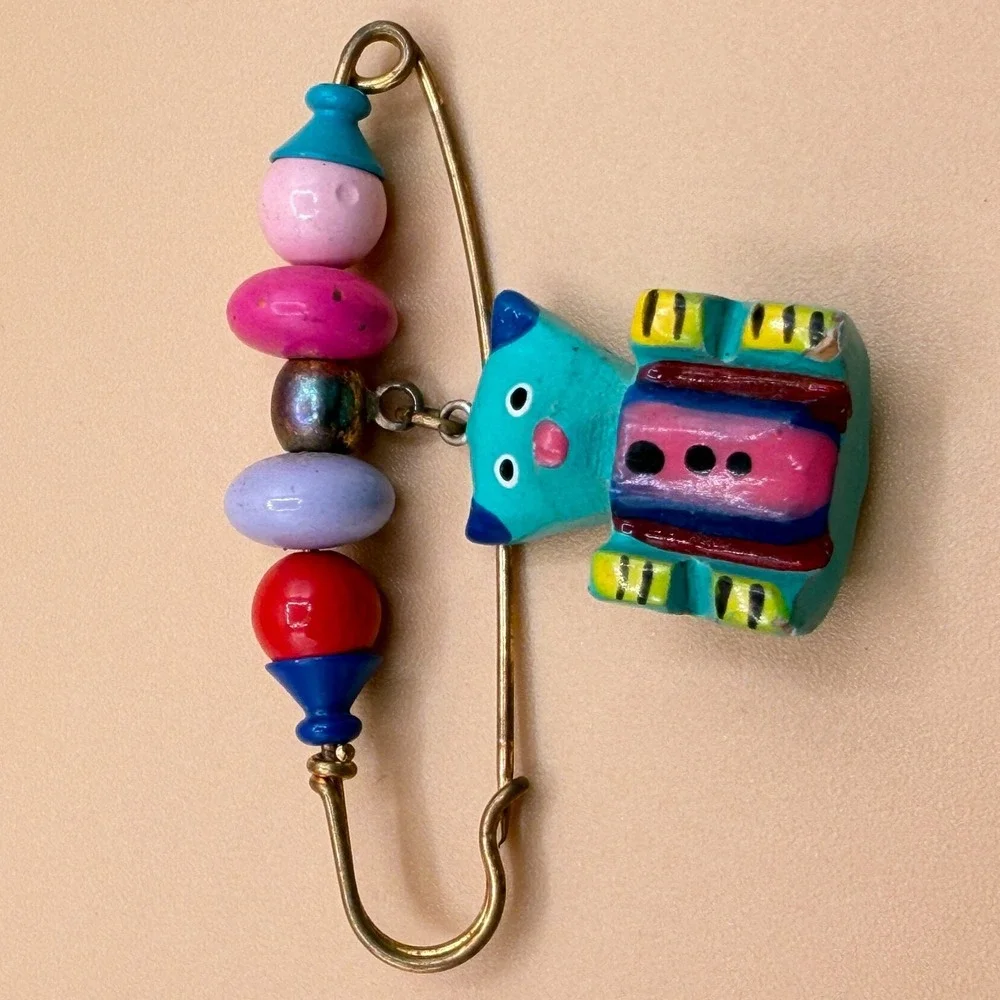 Colorful Cat Beaded Safety Pin Brooch Folk Art Whimsical Boho Statement Gift